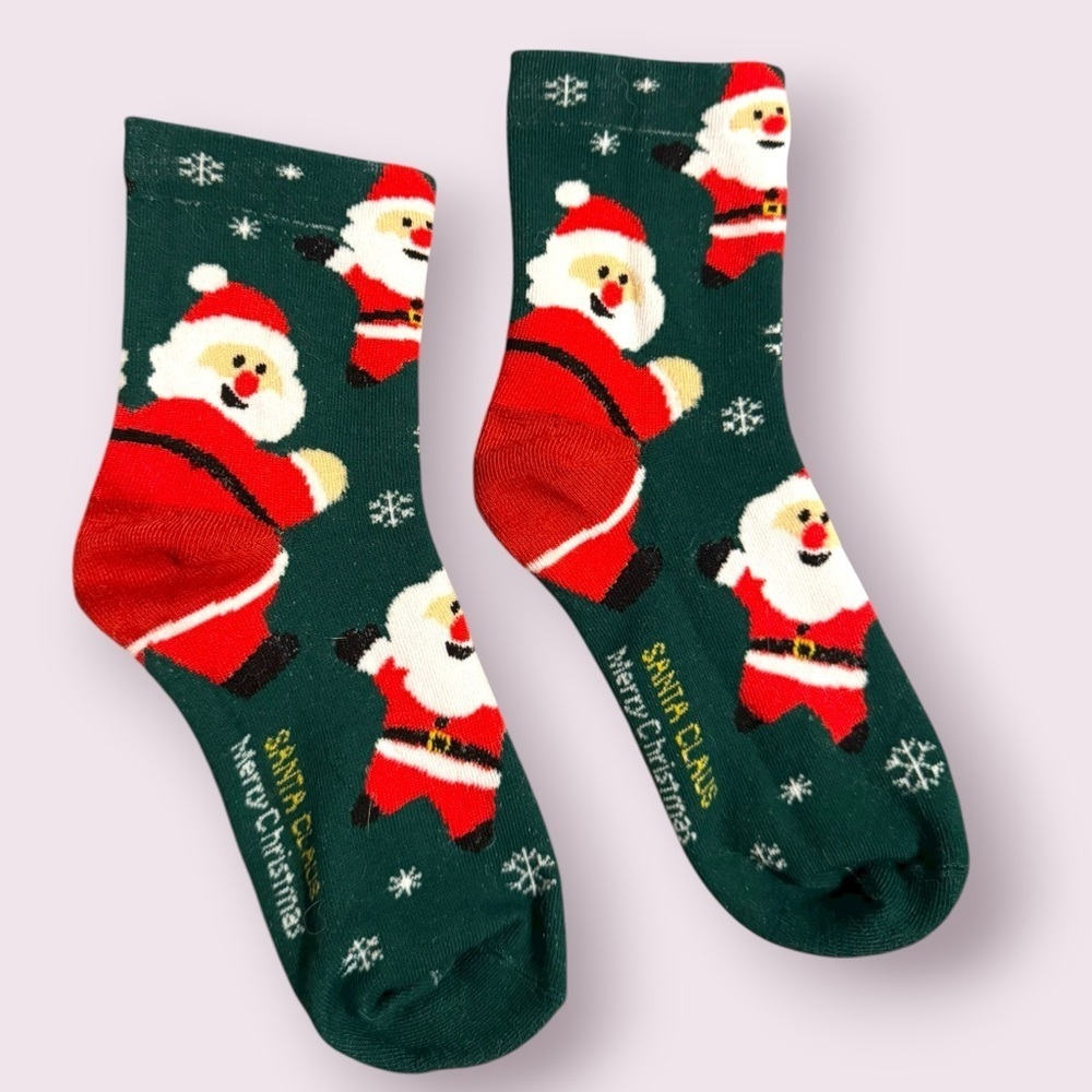 Christmas Santa Print Crew Socks Green Holiday Crew Socks Size OS